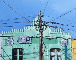 "Chemist, Baker & Fashion Maker" 2018. Oil on canvas, 33x33cm. One of the fading facades of Campsie. SOLD