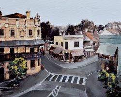 "Five Ways" 2019. Oil on canvas, 25x36cm. 
Looking down on Five Ways - the heart of Paddington in Sydney, showcasing a mix of