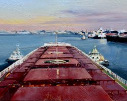 "Navigating the Port" 15x27cm 2019.
oil on birch panel. A ship's pilot sees the most amazing views as he brings big ships in and out of the harbour. This Newcastle Harbour in Australia.