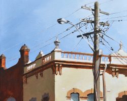 "Looking Up" 2019. Oil on canvas. 53 x 53cm. A favourite corner in Balmain's high street. I have painted this before when the business at ground level was something else. Shops change but the sun on the wall, the pole and those lovely windows are constant and always interesting. SOLD