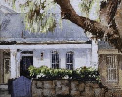 "Mansfield Cottage" 2019. Oil on canvas. 15x15cm. The Balmain peninsula is dotted with many pretty cottages like this one, but not all have a gorgeous Paperbark tree outside. Commission.