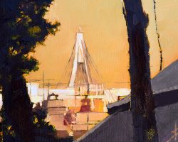 "Afternoon Glow" 2019. Oil on canvas. 13x17cm. Peeking through bushes and over rooftops at the Anzac Bridge late one afternoon!  SOLD