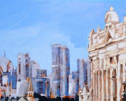 "Balmain to Barangaroo2" 2019. Oil on canvas. 13x17cm. A classic city view from the Balmain peninsula. The skyline rapid grows beyond The Workingmen's Institute and the village. SOLD