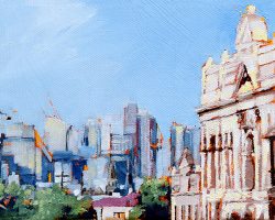 "High looking at High" 2019. Oil on canvas. 13x17cm. On the hill in Darling Street looking at the tall buildings of the growing city. SOLD
