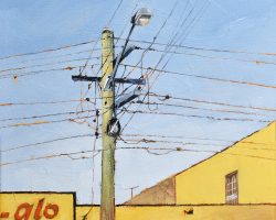 "Crossed Wires" 2020. Oil on canvas, 33x33cm. 
Warehouses and factories, especially old ones, display their bald minimalist shapes. The spidery curly wires held by the pole made a nice contrast on this sunny day. SOLD