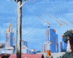 "Winter in Spring" 2020. Oil on canvas. 17x13cm. Looking at the city and Barangaroo from Rowntree Street in Birchgrove.