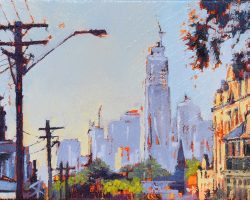 "Down the Hill on Darling Street" 2020. Oil on canvas. 13x17cm. A fave Balmain view from the lights at Rowntree Street looking at the city.
The Balmain peninsula stays the same, but the city gets bigger and looks closer every day. SOLD