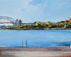 "Balmain East" 2020. Oil on canvas. 13x17cm. Right on the tip of land at the end of Darling Street by the wharf. It almost looks rural, but look right and see the enormous new buildings of Barangaroo in sharp contrast. ON HOLD