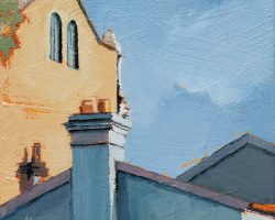 "Rooflines" 2020. Oil on canvas. 15x15cm. Shapes play with colours in the light in the back streets. This is in Balmain. SOLD