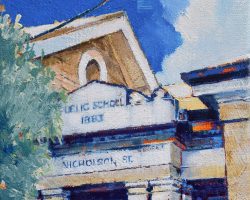 Nicholson Street School. 2021 oil on canvas 15x15cm.
This School has been an integral part of the Balmain Peninsula since its foundation in 1883. The building was conceived in the time of rich Victorian decoration, but young architect William Kemp (a student of Edmund Blacket) refused to indulge in "fussy, useless ornamentation" and designed a School of clean lines, simple shapes and honest use of warm Sydney sandstone. 
When the children moved into the new school on 5 May 1884, the Infants numbered 38 boys and 29 girls while the Primary had 156 and 104. SOLD