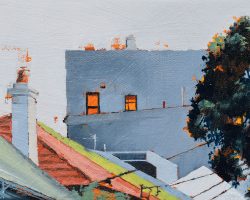 "Above the Lines" 2021. Oil on canvas. 13x17cm. Looking up past the rooftops on Mullens Street on a chilly winter afternoon. I love this one so if no one wants it... !  SOLD