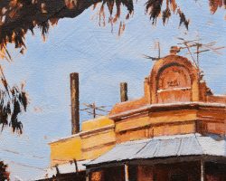 "The Bakery" 2021. Oil on canvas. 15x15cm. Once the main 'high street' on the peninsula, Evans Street was home to a little shopping precinct. The baker was very popular, the shop still stands proud on a corner just up the hill from the power station. It looks much like it did in 1900. SOLD