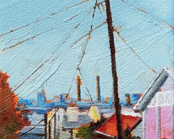 "Around the Corner" 17x13cm, oil on canvas 2021. Set surprisingly high, to top end of Coulon Street displays a great view of Rozelle and the power Station.
