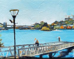 "The Mort Bay Ferry" 13x17cm, oil on canvas 2021.  One of the best views on the Balmain peninsula, from here you get a panoramic view of the Sydney Harbour Bridge across to to the Waterview Wharf Workshops and Mort Bay. Stay awhile and you will the ferry come and go.  SOLD 🔴