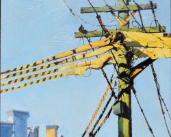 "Tiger Tails" 2021. Oil on canvas. 53x53cm. Framed in natural oak. Yellow lines (or tiger tales), a green power pole and contrasting tops of old buildings make a skyscape of interesting shapes. A still-life in the sky perhaps. Available from the Moree Gallery.
