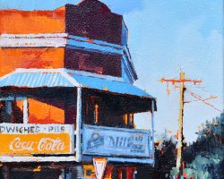 "The Last Corner Store " 15x15cm, oil on canvas 2022. I don't know if this is actually the last store on the peninsula, but probably. Once popular with kids to buy bags of lollies for a few cents on the way home from school, and you could buy the best milk shakes ever in places like this.  SOLD 🔴