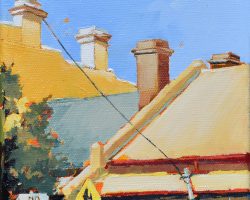 "National Street" 15x15cm, oil on canvas 2022. Tucked away in Rozelle, I have painted these rooftops before. Love them!  🔴 SOLD