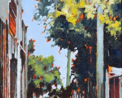 "Rozelle Backstreet" 17x13cm, oil on canvas 2022. One of many little local backstreets. The sunlight caught a red bullnose this day and I love the big tree here.  🔴 SOLD