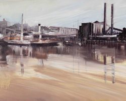 "Blackwattle Bay I " 33x63cm. oil on canvas. Float framed in natural oak. Originally painted in 2016, then reworked in 2021 - before the Heritage fleet left Blackwattle Bay, before the Rozelle Interchange construction work and before changes to White Bay power station. It was peaceful here, seemed so long ago. Contact me to purchase.