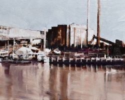 "Rozelle Bay II " 33x63cm. oil on canvas. Float framed in natural oak. Originally painted in 2016, then reworked in 2021 - before the Heritage fleet left Blackwattle Bay, before the Rozelle Interchange construction work and before changes to White Bay power station. It was messy but peaceful in this little industrial corner of the bay. 🔴 SOLD