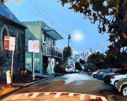 "Rozelle Nocturne" [Streets of My Town] 42x42cm, oil on canvas 2022, framed in natural oak.  Looking at the same landscape over and over, I’m always fascinated by how it changes so dramatically in different light conditions. 
This is late at night in Rozelle on the Balmain Peninsula.