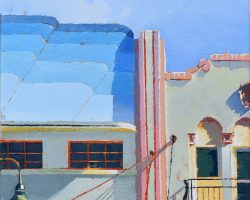 "Art Deco Blues" 33x33cm, oil on canvas 2022, American Ash framed.  Afternoon light casts interesting shadows on Moree's Art Deco buildings of the 1920s to late 1930s, but the pastel gelato colours always remind me of the 1950s. Either way, the shapes and shadows are beautiful.  🔴 SOLD