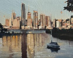"City at Dusk"  15x25cm, oil on board 2022, White timber framed (17x27cm). 
A city view from Cameron's Cove in East Balmain at dusk, in April. I used to live there - the boat is always moored in the same place, part of the landscape! PRIVATE COMMISSION.