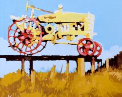 "A Game Changer" Gouache, 15x15cm (float framed 28 x 28cm)
Once farmers realized the benefits that could be had in tractor-driven farming, popularity soared. There was no need for cumbersome manual labour when a simple machine like a tractor could do the job for you. It was a game changer!