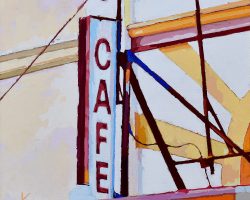 An Essential Service - gouache on board. 15x15cm (float framed 28 x 28cm)
Cafes with neon lit signs offering coffee, hamburgers and breakfast are a delight on any road trip!