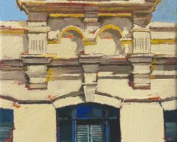 "Balmain Buddha" 17x13cm, oil on canvas 2022. This grand building sits quietly as a private residence on what once was the main street into Balmain. People have come and gone, but there is interesting little Buddha sitting in the window. I hope he will stay there.