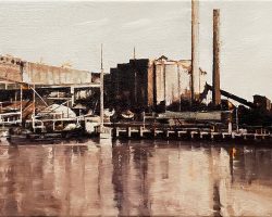 "Blackwattle Bay" 33x62cm, oil on canvas 2022.  (commission). This was a commission based on my original Rozelle Bay II from 2021. This area is undergoing a major change, but the memory of Balmain's industrial past will hopefully stay with us.