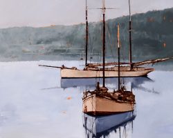 "Huon Ladies" 76x76cm, oil on canvas 2023. Sturdy, superbly crafted wooden boats of the early 1900s were built from the finest native timbers endemic to Tasmania’s West Coast – Huon Pine (the ‘Prince’ of conifers), King Billy and Celery Top. The Huon Ladies are fine examples of Tasmania’s Heritage. (Ref: Dunalley c1910 kindly supplied by Graeme Broxam).
Available from Suzy King.