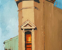 "Birchgrove Road" 17x13cm, oil on canvas 2023. I have painted this as a larger work before. This tiny window and pretty wedge shaped building is SO Balmain!