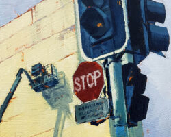"Stop!" 15x15cm, oil on canvas 2023. The stop sign opposite one of the giant ventilation towers under construction at Rozelle. Interpret this as you like!  But I do like the shadows and the shapes in this painting.