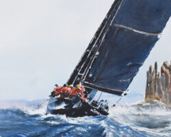 "Rounding the Cape" (study)-Acrylic-20.5x26.5cm-27x33cm framed. Depicting the final hours of the Sydney/Hobart Yacht Race in 2022. Those distinctive 'organ pipe' rocks (Cape Raoul) are a milestone turning mark. That's when you know your on the home run! 
(thank you Craig Greenhill of Salty Dingo for supplying the reference image).