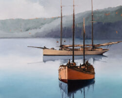 "Huon Ladies" 76x76cm, oil on canvas. 2024
Two fishing boats at Dunalley in Tasmania c1910.
Painted in 2023 from a small mono picture, completely reworked in 2024. The ketch is probably the 'Pacific' built at Battery Point in 1906 and the boat in the foreground appears to be a then-modern yawl.
(reference image: Graeme Broxam Collection)
