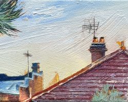 "Red Roof Yellow Bridge" 13x17cm. oil on canvas, 2024. The red tiled roof and the antenas look suburban, but the tree and the sunset looks tropical, and then there's the Bridge as the sun sets...