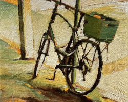 "The Bike" 15x15cm. oil on canvas, 2024. Just outside the door, neatly secured and caught by the light. The shapes and shadows were really interesting. A nice 'old school' style bike too.
In the city there are electric ones that people just dump in the middle of the footpath! Not us. We are civilised here.
