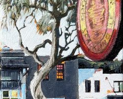 "The London Tree #2" 15x15cm. oil on canvas, 2024. Opposite the London Hotel in Balmain the big tree, with it's stunning twisted trunk, was a fixture in the landscape as you sit and sip a beer on the verandah. That was in summer, before some heavy rain soaked the ground in autumn and the roots couldn't cling on anymore. I miss this lovely tree that was so part of the London's iconic view.  
🔴 SOLD