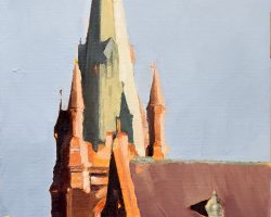 'Autumn Light' 2024 40x20cm float framed, oil on canvas on board. Armidale, they say, is the city of churches. These beautiful grand old buildings are all striking, opulent and they all shine in the afternoon light. 
Currently on show CROSSING NEW ENGLAND Exhibition. Available from the Armidale Art Gallery NSW.