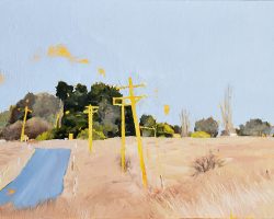 'Kentucky Road' 2024. 20x40cm float framed, oil on canvas on board. Road tripping on a back road heading to the tiny village of Kentucky in the New England. 
Currently on show CROSSING NEW ENGLAND Exhibition. Available from the Armidale Art Gallery NSW.