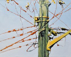 'An Urban Tree' 30x40cm, 2024
This was unfinished for a while and recently re-worked. 
I like looking up at those wooden poles and their squiggly wires. Like trees, but no leaves or shade, but the birds have something to sit on. And looking at this one... you can see bees (at a stretch!). Available from Suzy King.