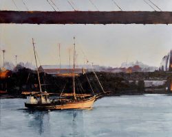 "Resting Ketch at Sunset" oil, 104x104cm framed.
Pearling luggers of the late 1800s were wooden  
gaff-rigged ketches with low waists working the northern seas of Australia. Their graceful lines were a magnificent sight as the fleets entered the open  sea under sail. 
This ketch, now the 'Tribal Warrior', was commissioned as the Mina (1899)  when the Australian pearling industry was at its peak. By 1914 Broome was supplying 80% of the world’s finest pearl shell. There were over 400 luggers and 3,500 people in the industry and pearl shell was treasured by the wealthy.
Diving brought rewards but was dangerous. Divers faced cyclones, sharks, crocodiles, disease and the bends. Crews were predominantly Aboriginal skin divers, with up to 57 divers per boat. Conditions were harsh, cramped, and with no facilities. 
Today only 14 boats remain. Tribal Warrior is the oldest one floating and operates in Sydney as a training vessel for indigenous sailors. Here she is resting, under the Anzac Bridge in secluded Black Wattle Bay. Available from Suzy King