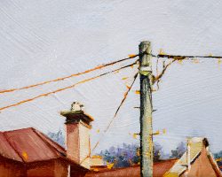 'Red Roofs & Jacarandas' oil on canvas. 2024. 13x17cm. Rooftops near the end of Jacaranda season were a nice backdrop to a greenish power pole. This could be anywhere!