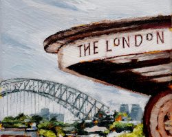 'The London, Bridge' oil on canvas. 2024. 15x15cm. Sitting on the famous London's verandah looking over the rooftops, this is Balmain!