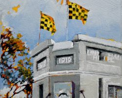 'Unity' oil on canvas. 2024. 15x15cm. Not the most beautiful building in Balmain (the Unity does have a colourful history!) but I like this corner with flying flags and shaking hands. It looked very striking this day against a darkish sky.