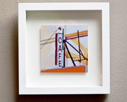 'The Country Café' - gouache on board. 15x15cm (float framed 28 x 28cm)
Old style cafes with neon lit signs. Commonly run by mid-century European migrants, the cafés offered coffee and tea, hamburgers, bacon & eggs or a steak sandwich with white toast, served on oval white plates. Open every day for long hours, very country town had at least one cafe and you could depend a low cost and reasonable meal. They are a becoming a rare sight these days. We miss you!