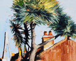 'Mullens Street' oil on board with white timber float frame. 2025. 13 x 23cm.
I painted this same view last year, (but it was square and a bit smaller), I love looking over that roof at the bridge, but to me the best part is those trees! AVAILABLE - Suzy King