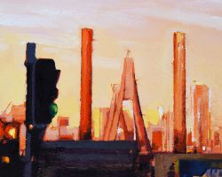 'Victoria Road'. oil on board with timber float frame. 2025. 13 x 23cm.No power poles but there were lots of other 'poles' that made interesting shapes against the sky here at dusk. AVAILABLE-Suzy King