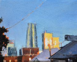'A City Sunset' oil on canvas. 2025. 13 x 17cm.
A distant view of the city brought up close makes lovely geometric shapes on the skyline. This is from montague Street. Available.